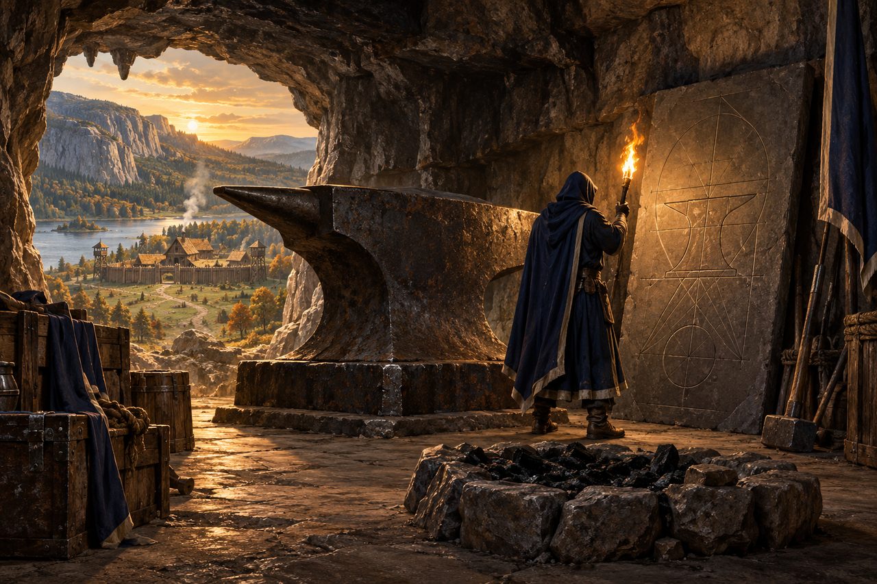 A painting of the cave in the Scarps: a square chamber cut into grey granite, an anvil whose face stands at a man's chest and a slate of plans the size of a door, lit by the keeper's torch, golden light at the cave mouth.