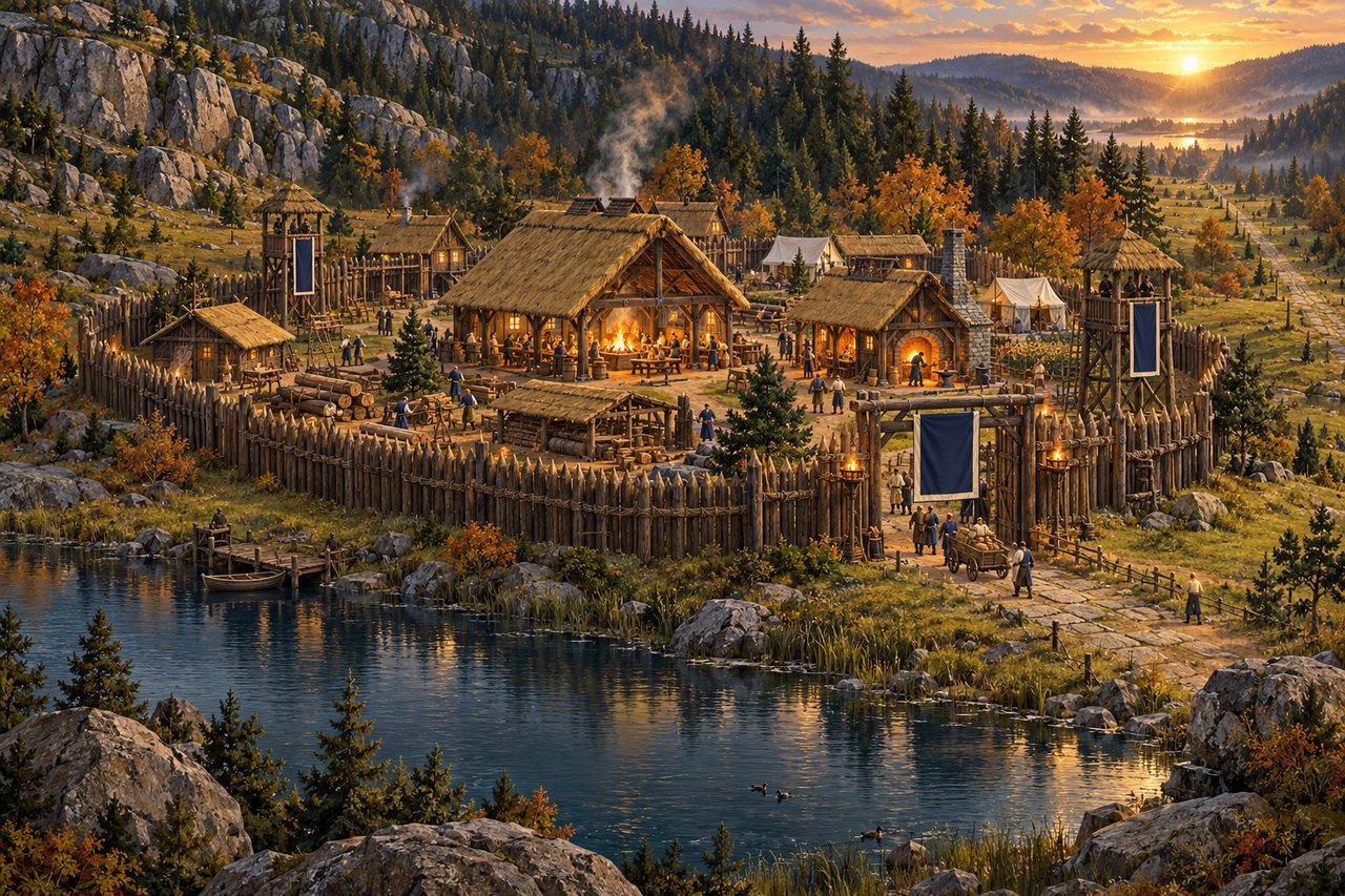 A painting of the settlement grown into a hamlet at golden hour: a glowing thatched hall at its heart, workshops and tents inside the palisade, watchtowers and a navy banner over the gate, settlers and a cart on the road in, the lake in front and the grey Scarps behind.