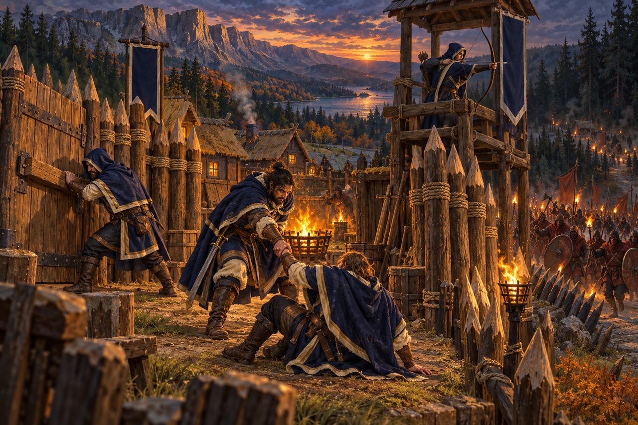 A painting of four keepers holding the palisade at dusk: one braces the gate, one draws a bow from a watchtower at the raiders' torches outside the stakes, and by a brazier one pulls a fallen friend back to their feet.