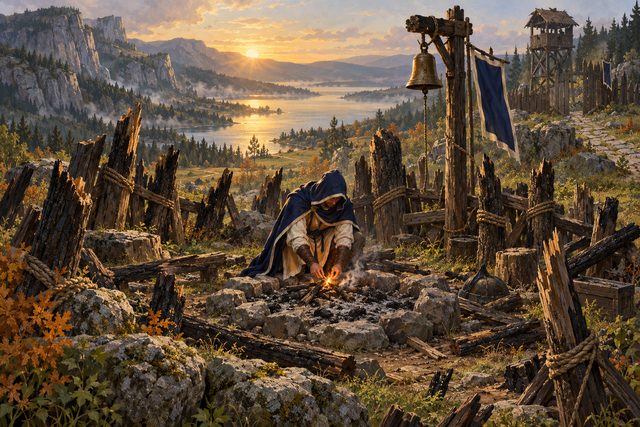A painting of the ruined Refuge at first light: a broken ring of burned stakes round a cold fire pit and a bronze bell on its post, one keeper kneeling to light the Hearth.
